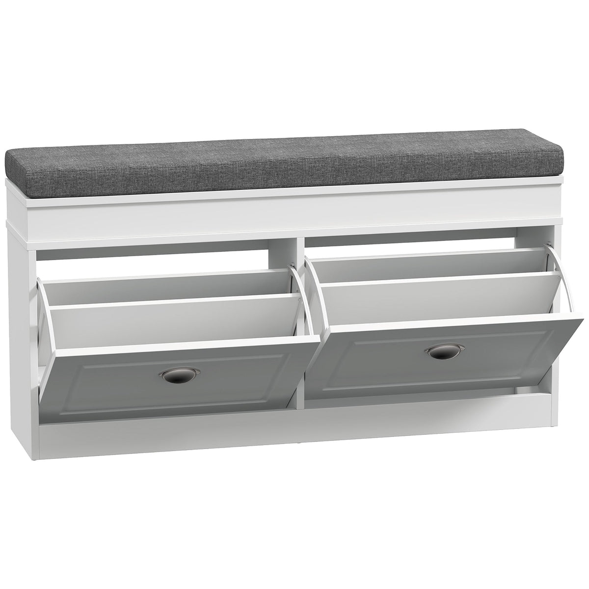 HOMCOM Shoe Storage Bench with Flip Drawers, Shoe Cabinet with Seat Cushion and Adjustable Shelf for Hallway, Entryway, Living Room, Bedroom, White