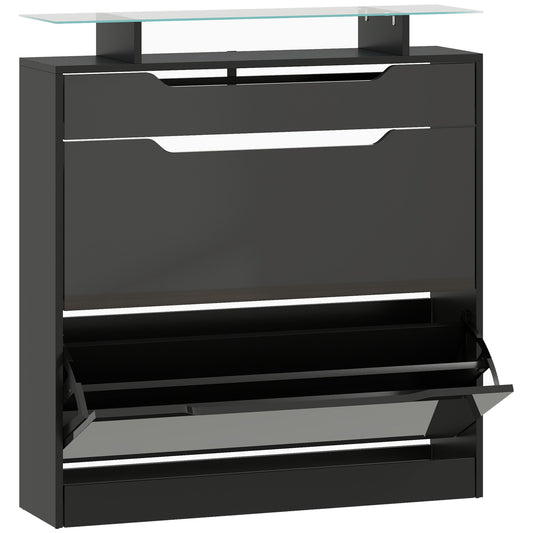 HOMCOM Shoe Storage Cabinet with Slide Out Drawer, 2 Flip Doors, Tempered Glass Top - Black