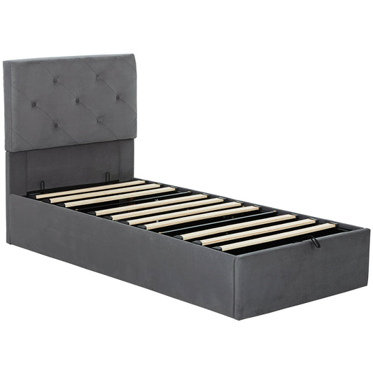 HOMCOM Single Bed Frame Gas Side Lift Under Bed Storage Upholstered Platform Bed Tufted Headboard for 90 x 190 cm Mattress
