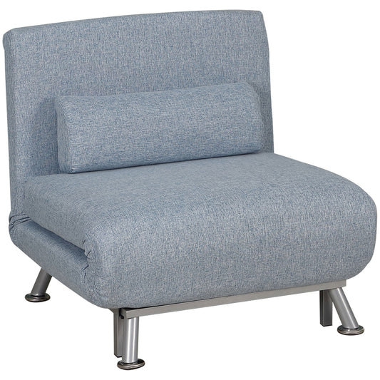 HOMCOM Single Sofa Chair Bed, Linen Fabric 3-in-1 Convertible Sleeper Chair with 5-Position Adjustable Backrest, 75cm Wide Seat, Pillow for Living Room, Bedroom, Sky Blue