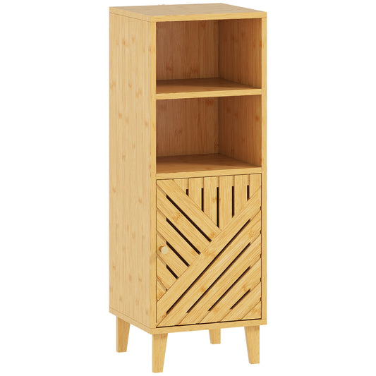 HOMCOM Slim Bathroom Cabinet with Bamboo Door and Legs in a Natural Wood Finish