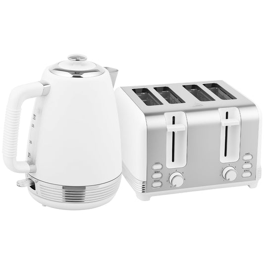 HOMCOM Stainless Steel Kettle and Toaster Set, 1.7L 3000W Rapid Boil Jug Kettle with UK Strix Thermostat, Limescale Filter, 4 Slice Toaster with 7 Browning Controls, Crumb Tray, White and Silver Tone