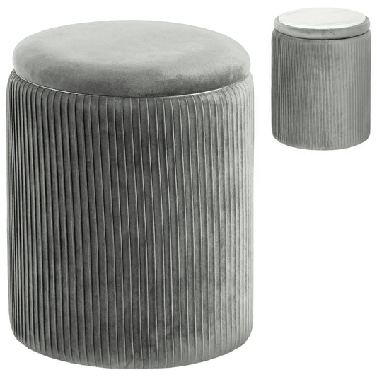 HOMCOM Storage Ottoman Modern Velvet Round Foot Stool for Living Room Bedroom 45 cm Grey