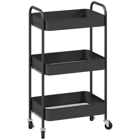 HOMCOM Three-Tier Steel Storage Trolley - Black