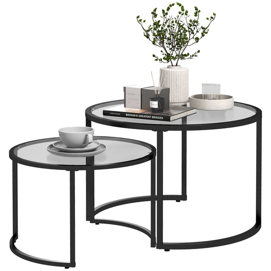 HOMCOM Two-Piece Nest of Glass-Top Coffee Tables in Black