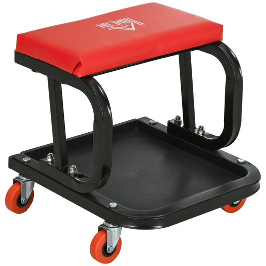HOMCOM Workshop Stool, Rolling Machine Stool with 360  Swivel, Padded Seat, Tool Tray, Red