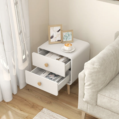 Modern 2-Drawer Nightstand Sofa Side Table with Solid Rubber Wood Legs-White