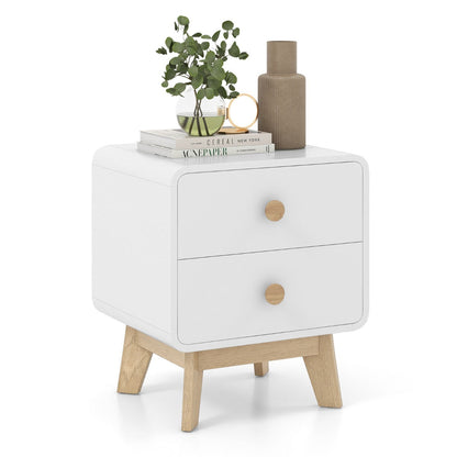 Modern 2-Drawer Nightstand Sofa Side Table with Solid Rubber Wood Legs-White