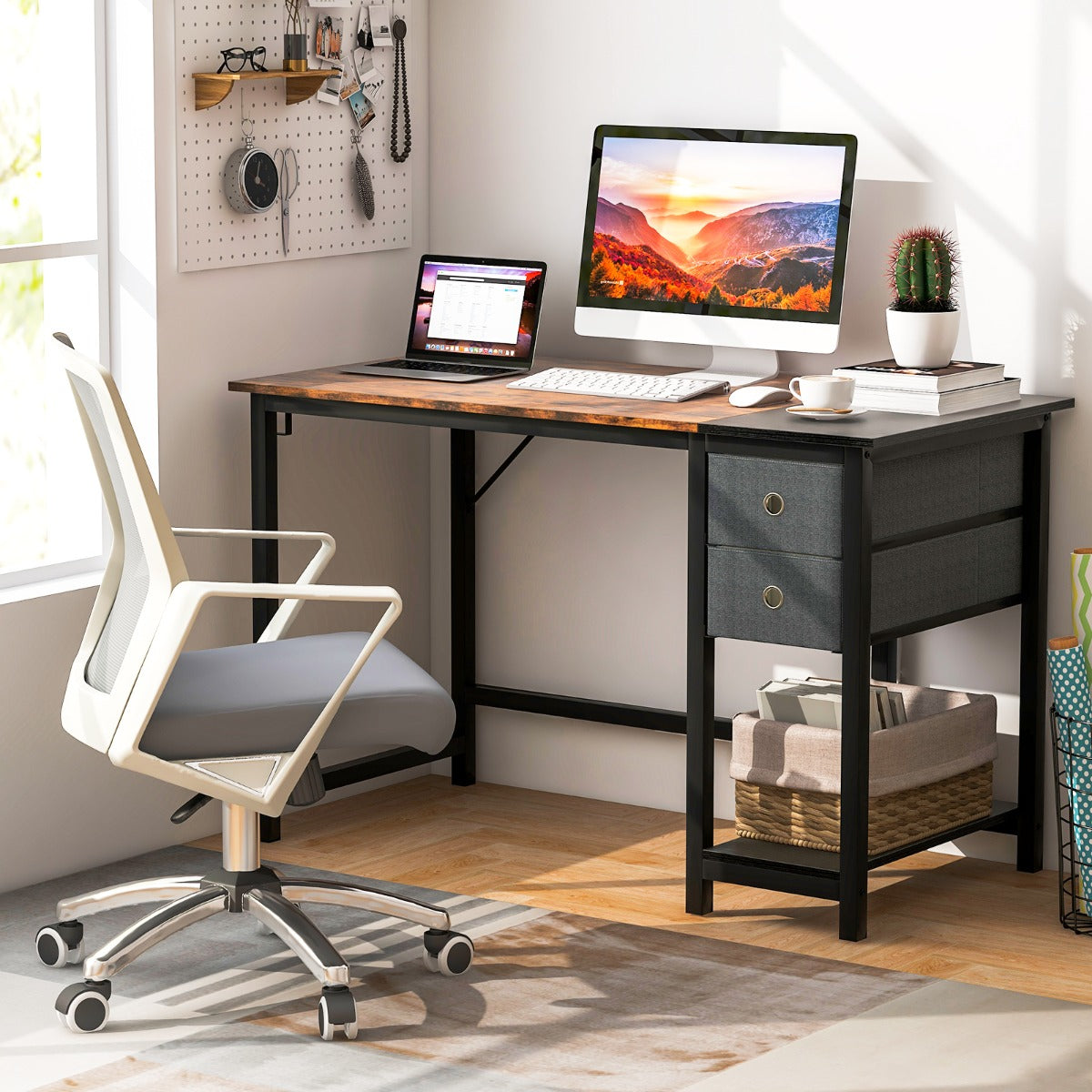 120 cm/140 cm Home Office Desk with 2 Drawers Hanging Hook-S