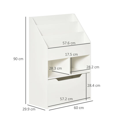 HOMCOM Kids Bookshelf, Toy Organiser, with Storage Drawer, Wheels - White