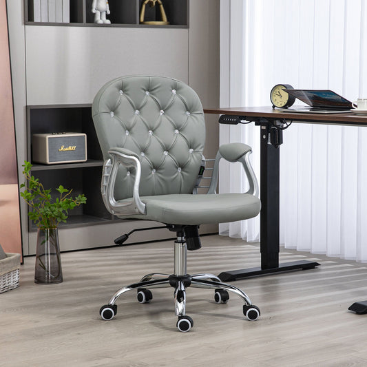 Krzesło biurowe Vinsetto, ergonomiczne, obrotowe, 360°, z wyściełaną podstawą z PU i diamentami, z 5 kółkami, do pracy w domu, szare