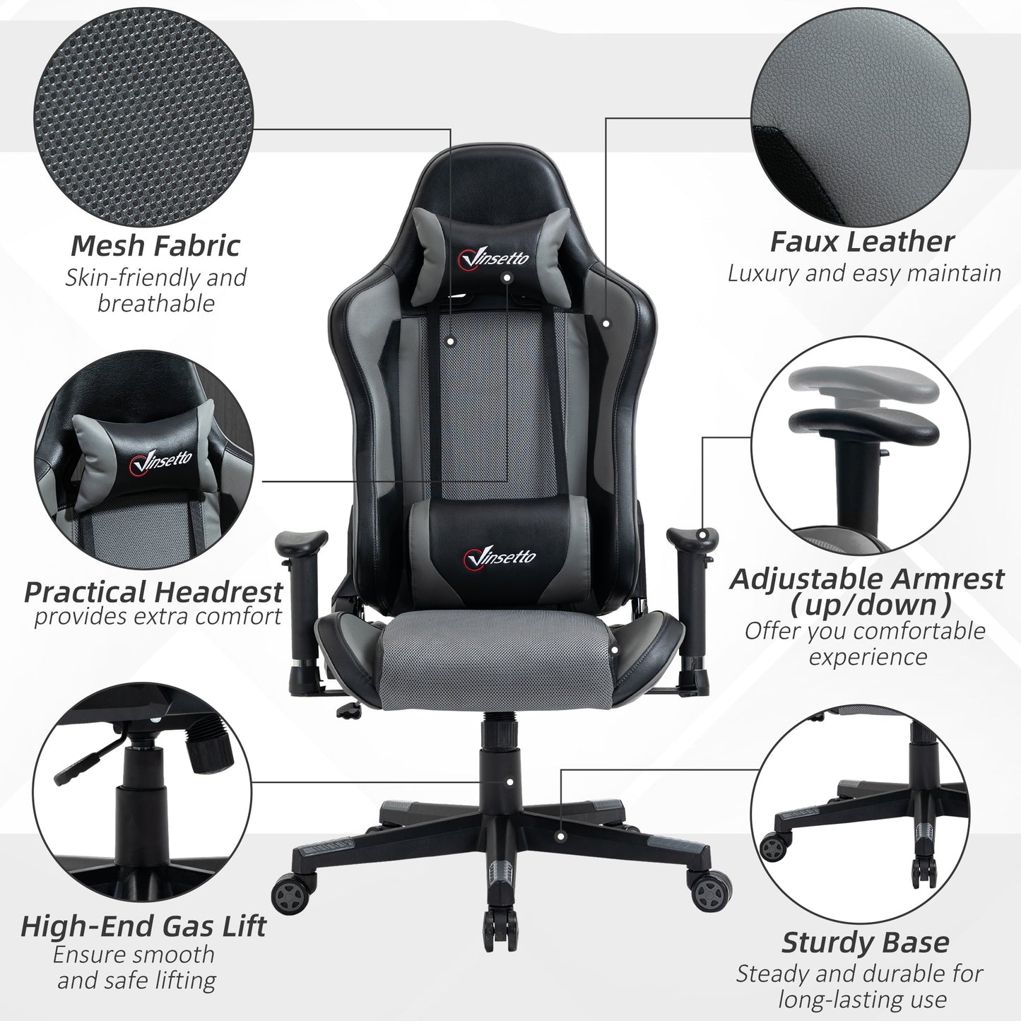 Vinsetto Gaming Chair Racing Style Ergonomic Office Chair High Back Computer Desk Chair Adjustable Height Swivel Recliner with Headrest and Lumbar Support, Grey