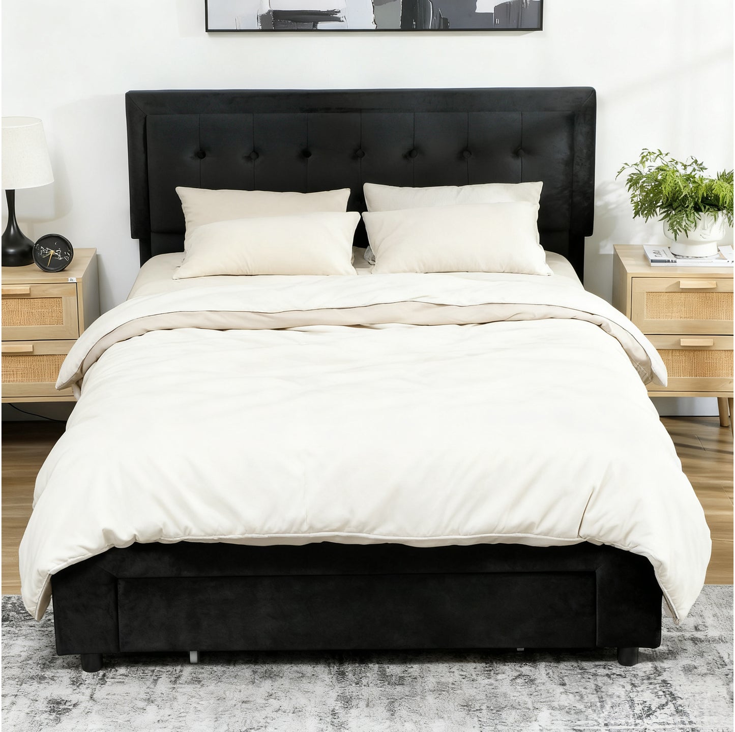 HOMCOM King Ottoman Bed Frame, Upholstered Bed Frame with Storage Drawer and Adjustable Headboard, 5ft, Black