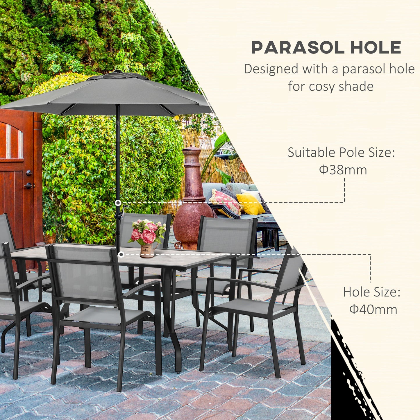 Outsunny 7 Pieces Garden Dining Set, 6 Seater Garden Table and Chairs with Parasol Hole, Outdoor Furniture Armchairs and Stone-like Plastic Top Table with Breathable Mesh Fabric Seat, Grey