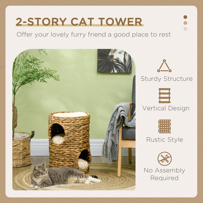 PawHut 47cm Cat Barrel Tree for Indoor Cats with 2 Cat Houses, Kitten Tower with Cushion - Light Brown