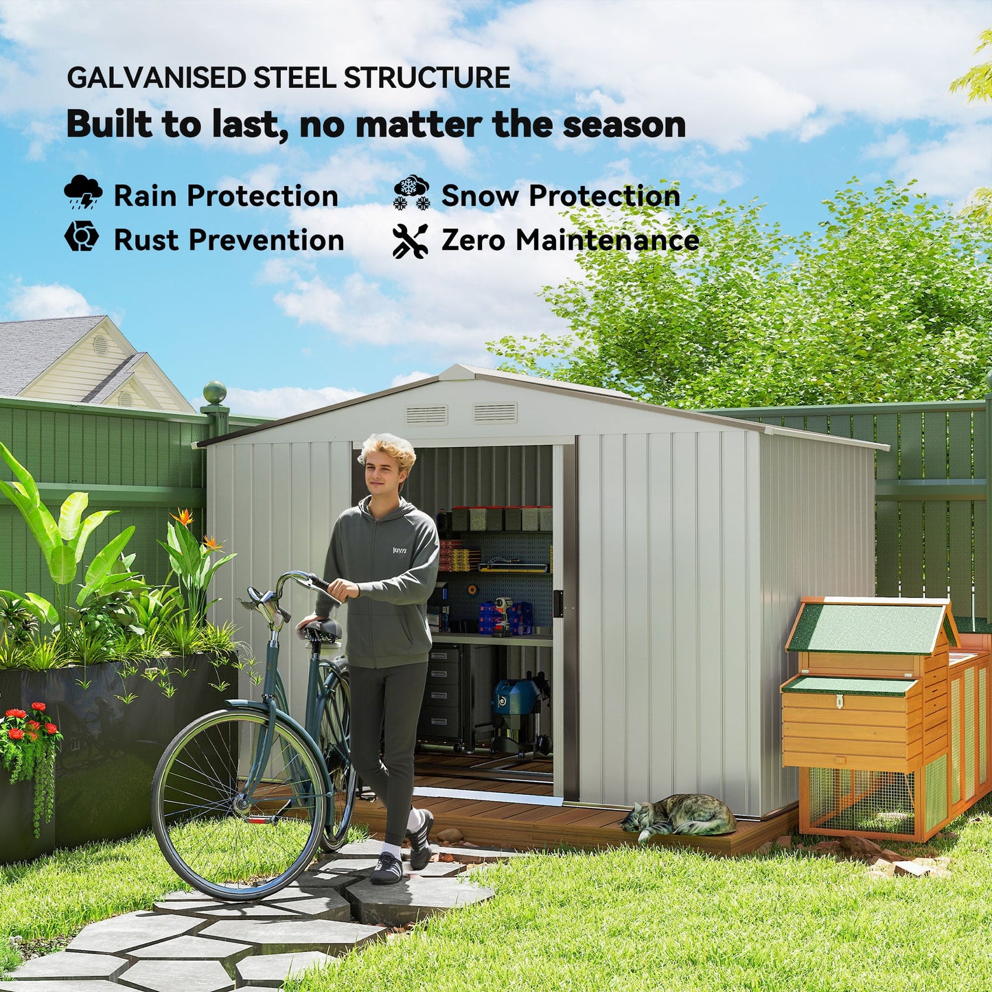 Outsunny Metal Bike Shed, Mobility Scooter Shed House with Foundation Kit, Ventilation, Doors, 9 x 6FT, Silver