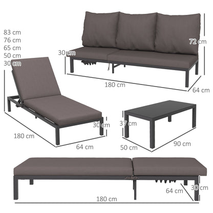 3 Piece Garden Sun Loungers Set W/ Cushion 5-level Adjustable Outdoor Recliner Bed Set With Glass Top Table, Aluminium Frame Also Sofa Bed - Grey