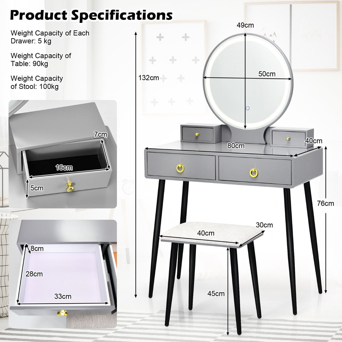 Wooden Dressing Table Set with Adjustable LED Mirror and Drawers-Grey