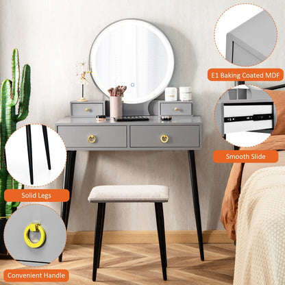 Wooden Dressing Table Set with Adjustable LED Mirror and Drawers-Grey