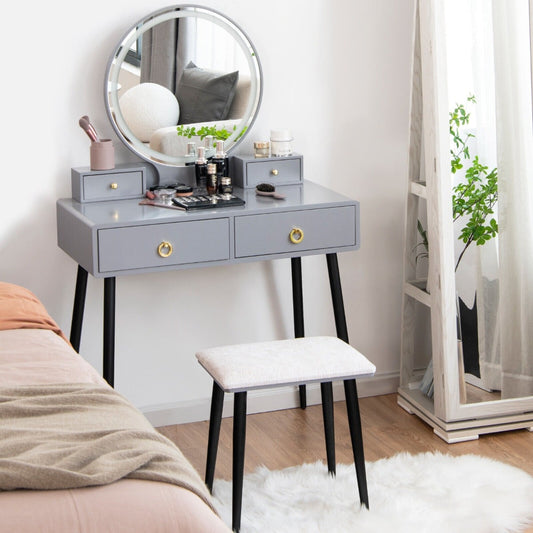 Wooden Dressing Table Set with Adjustable LED Mirror and Drawers-Grey
