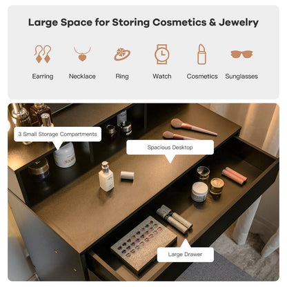 Modern Dressing Table Set with LED Lights Mirror and Drawer-Black
