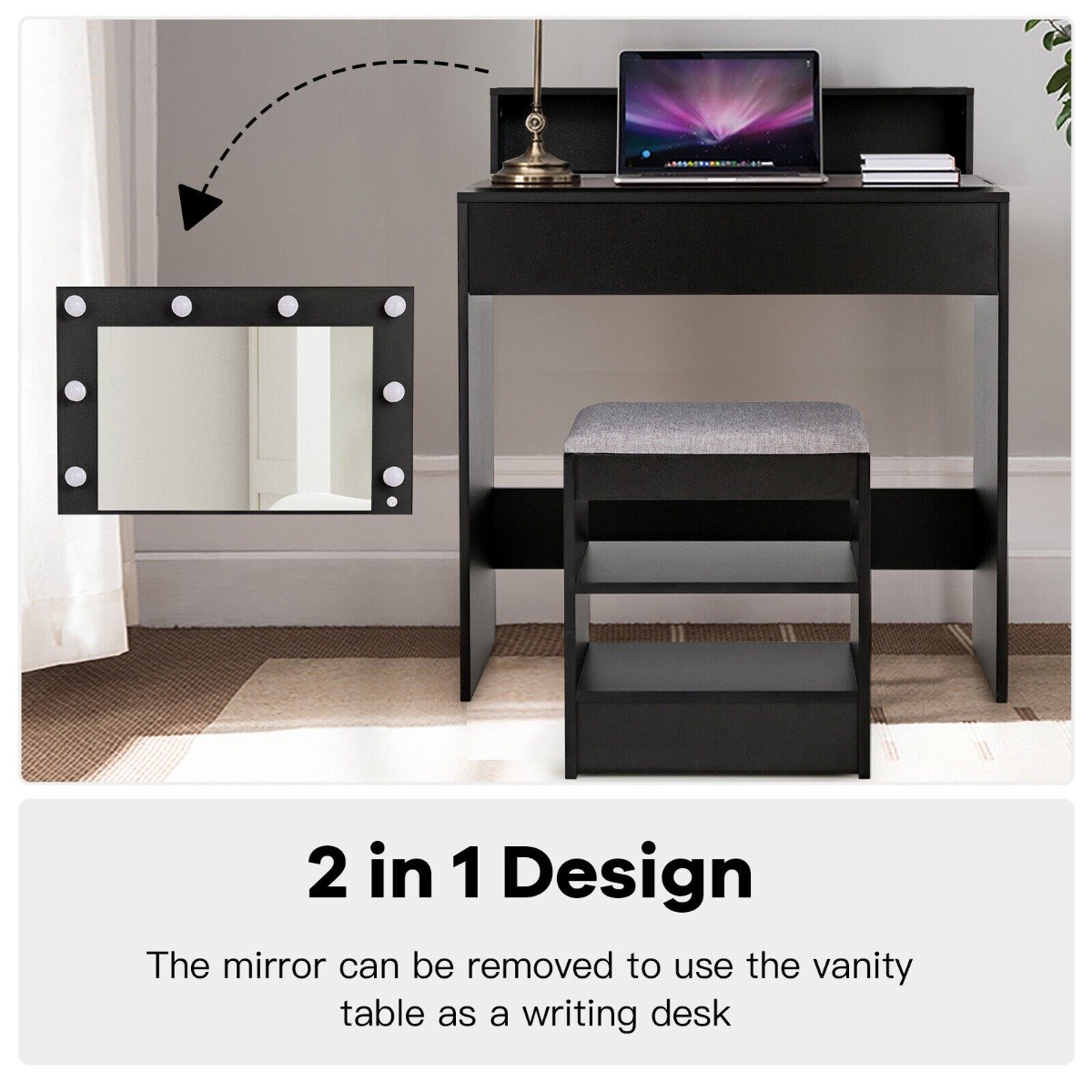 Modern Dressing Table Set with LED Lights Mirror and Drawer-Black