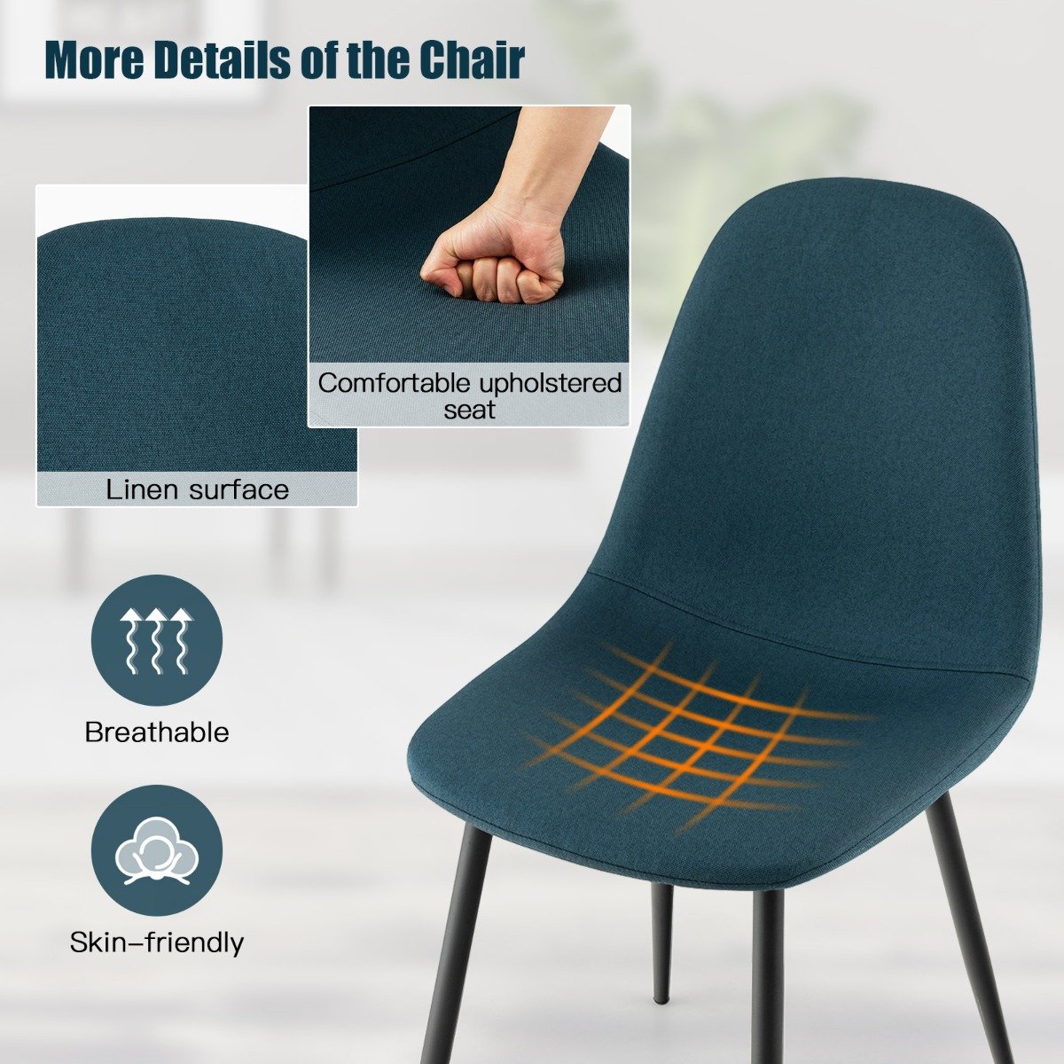 Upholstered Dining Chairs Set of 2 with Metal Legs-Blue