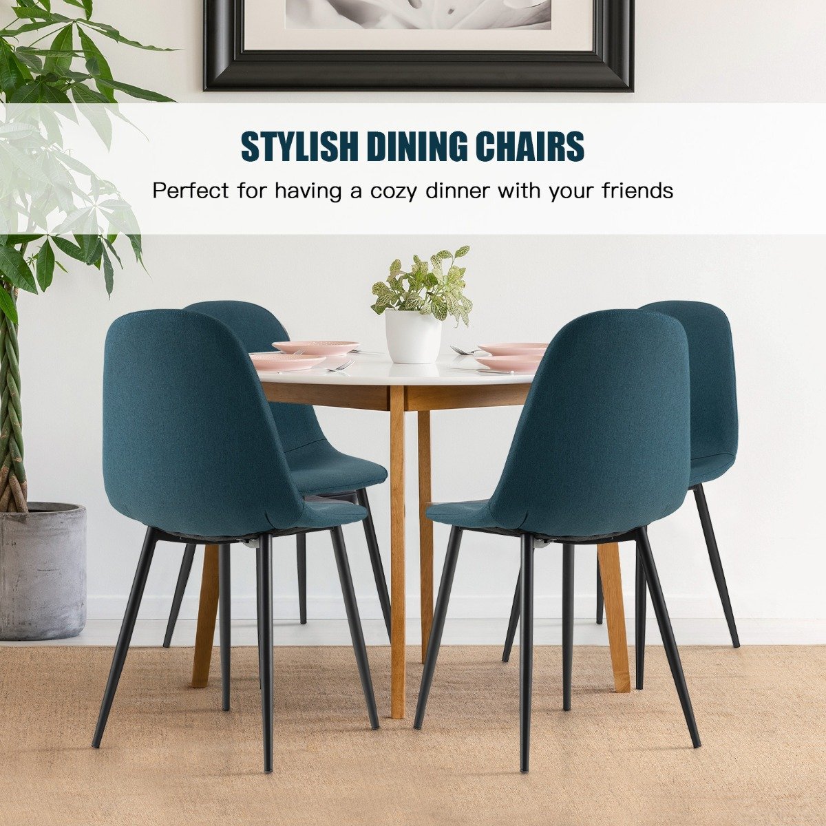 Upholstered Dining Chairs Set of 2 with Metal Legs-Blue