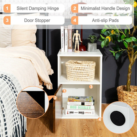 Set of 2 Wooden Bedside Tables with Open Shelf and Door-White