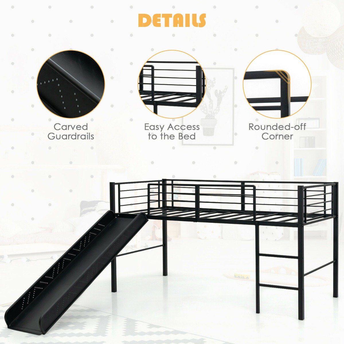 Sliding Loft Children Single Bed with Stairs and Safety Guardrails-Black