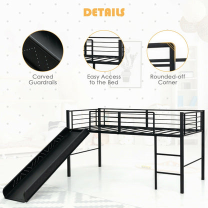 Sliding Loft Children Single Bed with Stairs and Safety Guardrails-Black