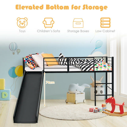 Sliding Loft Children Single Bed with Stairs and Safety Guardrails-Black