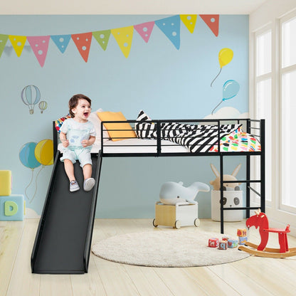 Sliding Loft Children Single Bed with Stairs and Safety Guardrails-Black