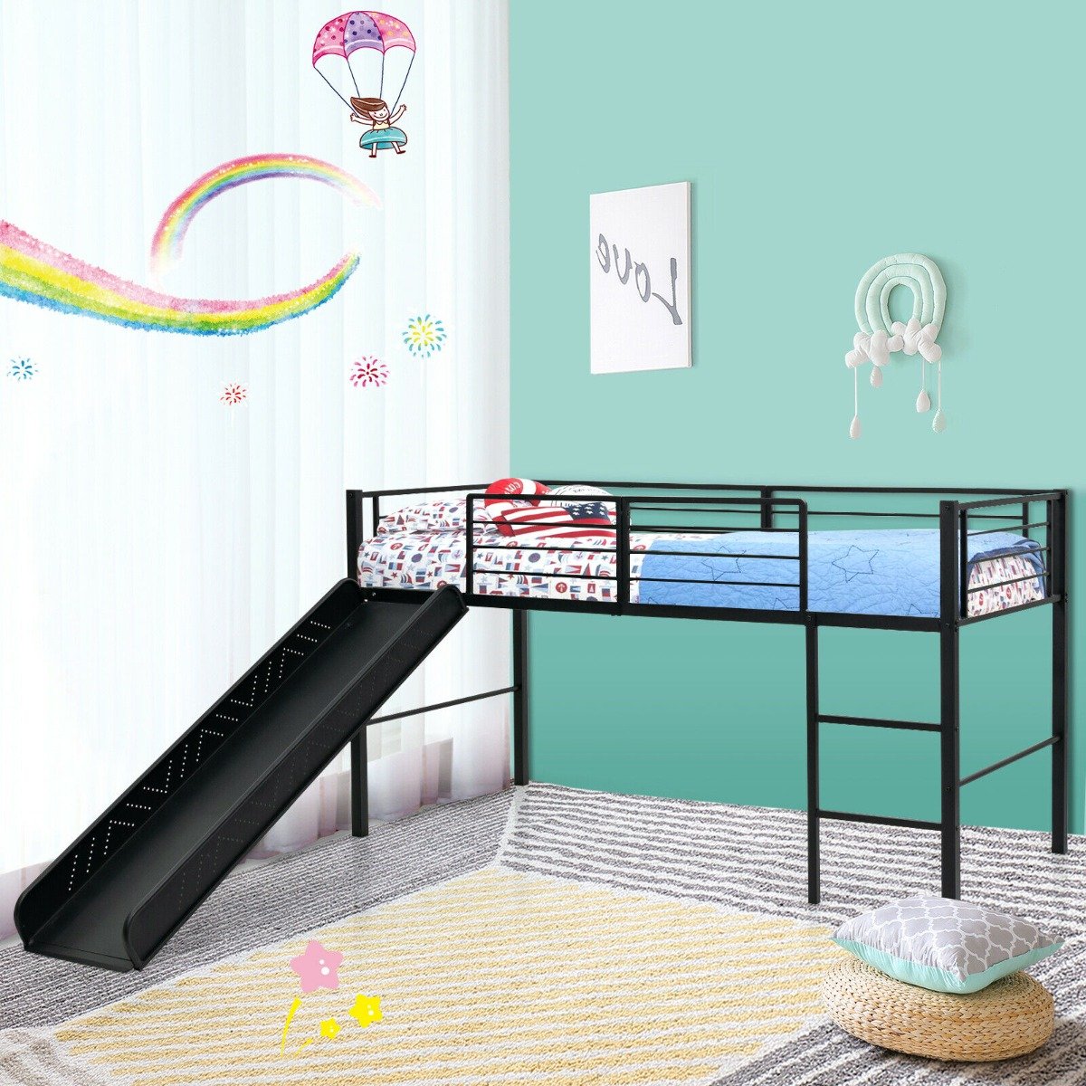Sliding Loft Children Single Bed with Stairs and Safety Guardrails-Black
