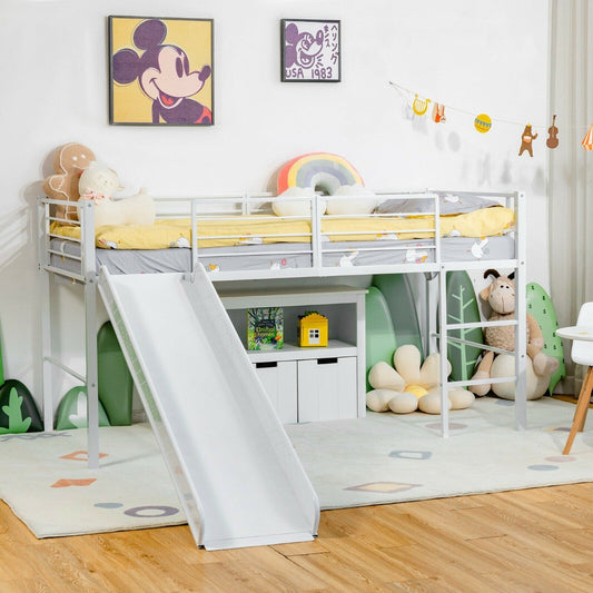 Sliding Loft Children Single Bed with Stairs and Safety Guardrails-White