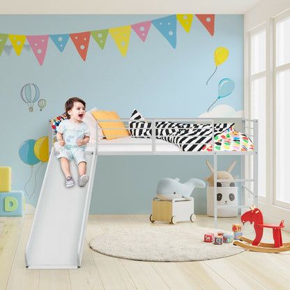 Sliding Loft Children Single Bed with Stairs and Safety Guardrails-White