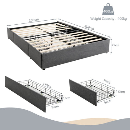 King Size Bed Frame with 3 Underbed Storage Drawers-Grey