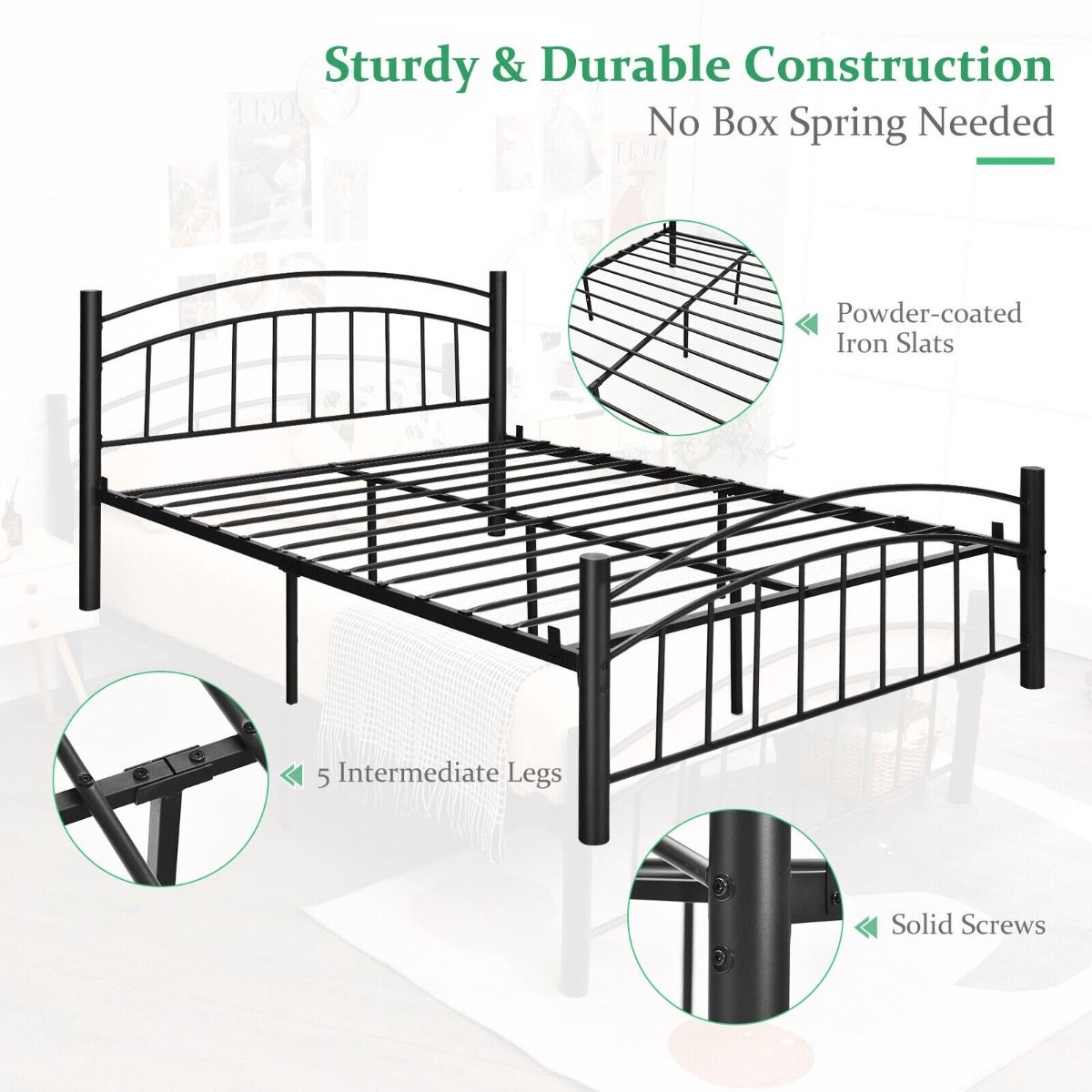 Metal Bed Frame Platform Bed with Headboard for Bedroom-Queen size