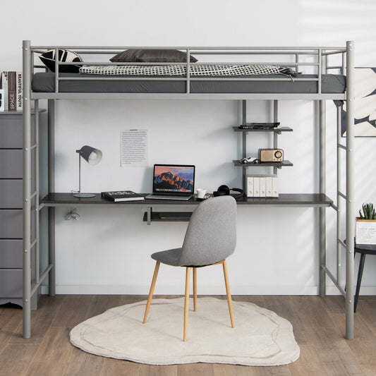 Metal Bunk Bed Frame High Sleeper with Desk and Storage Shelves-Silver