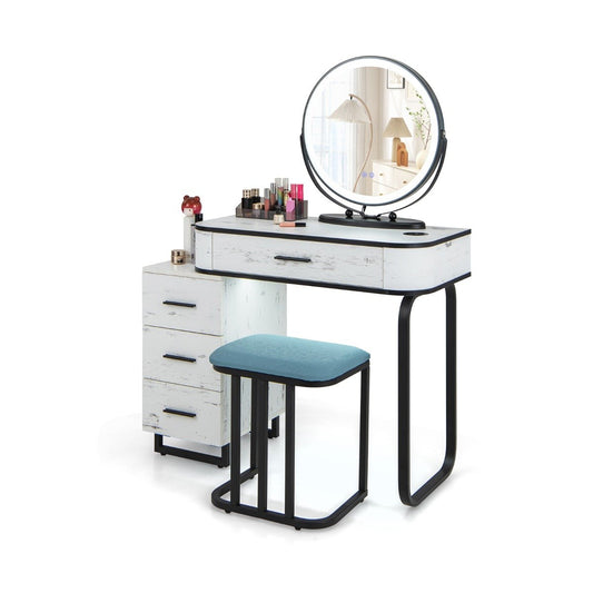 Vanity Table and Stool Set with 3-Color Touch Screen Lighted Swivel Mirror-White