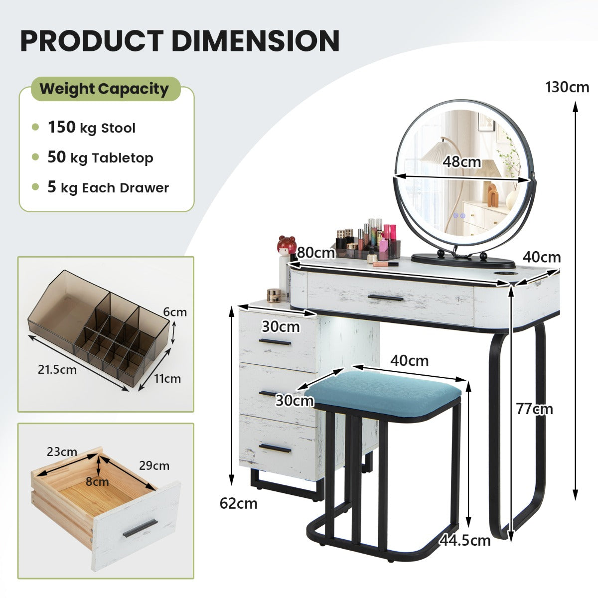 Vanity Table and Stool Set with 3-Color Touch Screen Lighted Swivel Mirror-White