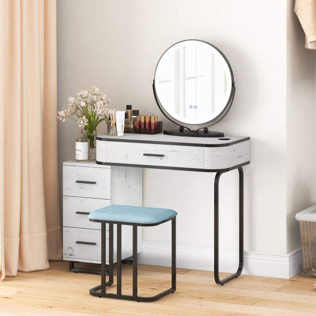 Vanity Table and Stool Set with 3-Color Touch Screen Lighted Swivel Mirror-White