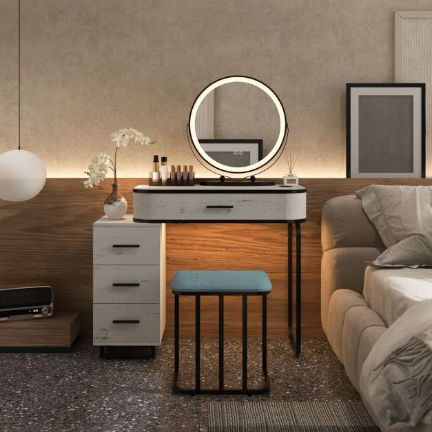 Vanity Table and Stool Set with 3-Color Touch Screen Lighted Swivel Mirror-White