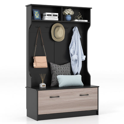 63 Inches Hall Tree with Coat Rack and Storage Bench-Black