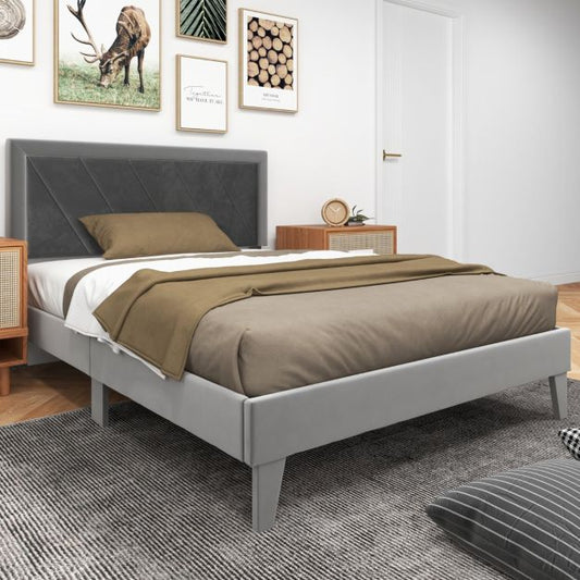 Single/Double Platform Bed with High Headboard &amp;12 Wooden Slats-Double Size