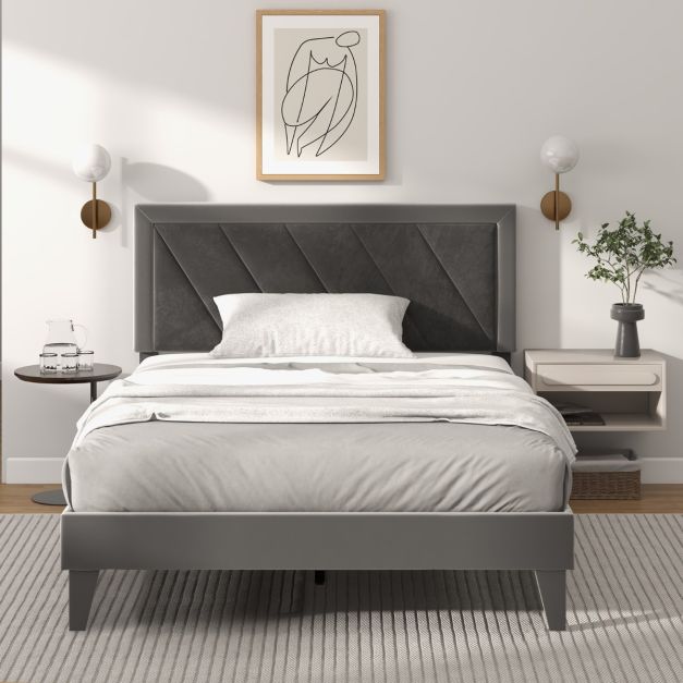 Single/Double Platform Bed with High Headboard &amp;12 Wooden Slats-Double Size