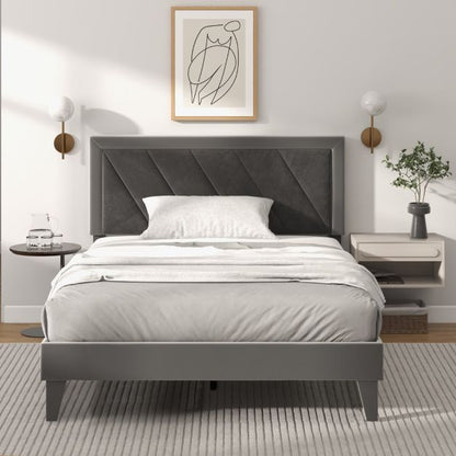 Single/Double Platform Bed with High Headboard &amp;12 Wooden Slats-Double Size