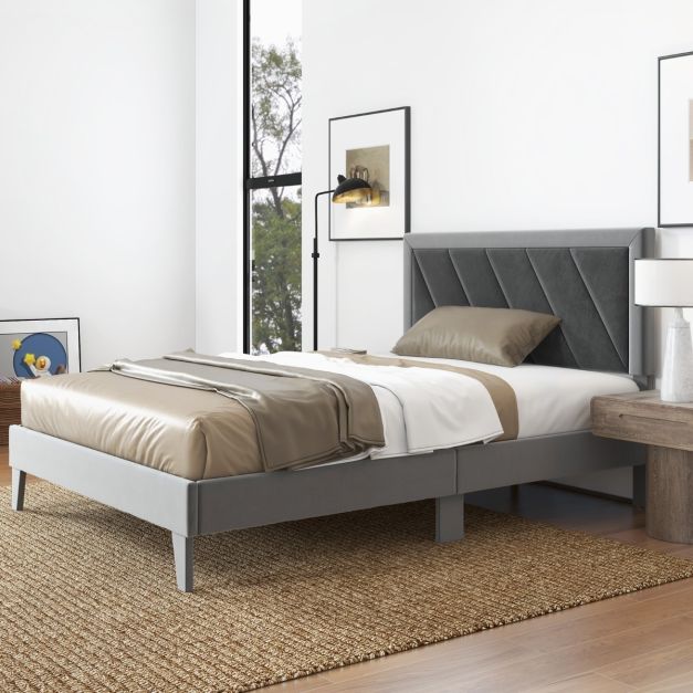 Single/Double Platform Bed with High Headboard &amp;12 Wooden Slats-Double Size