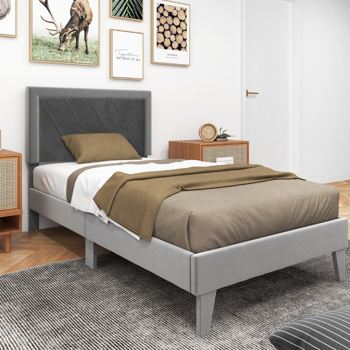 Single/Double Platform Bed with High Headboard &amp;12 Wooden Slats-Single Size