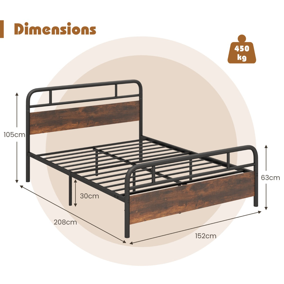 Single/Double/King Bed Frame with Industrial Headboard-King Size